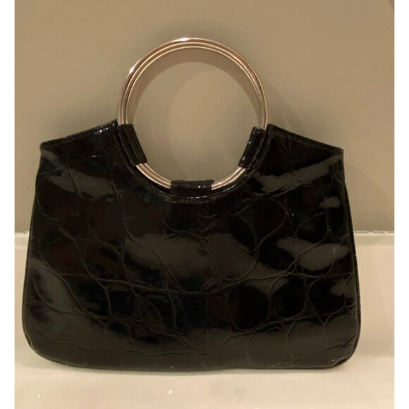Black Patent Faux Leather Alligator? Print Handbag Unique Silver Hoop Handle - Picture 1 of 8